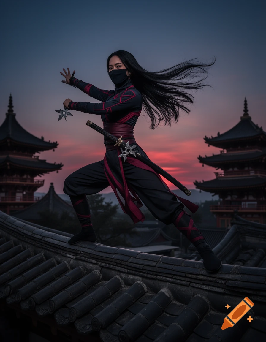 A female ninja in a black and red suit with shurikens and a katana, striking a dynamic pose on a tiled roof at sunset with pagodas in the background.