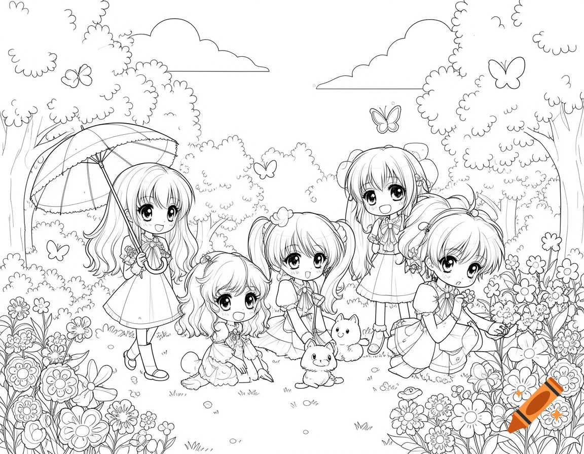 Black and white line art coloring page of five chibi anime girls and two cats in a forest with butterflies and flowers.