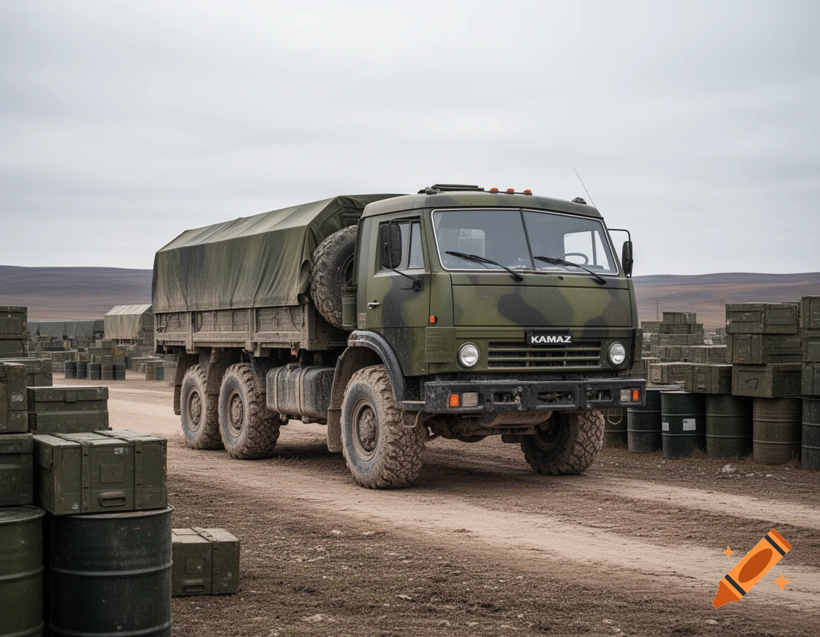 A camouflaged green Kamaz military truck is parked on a dirt road, surrounded by military crates and barrels under an overcast sky.