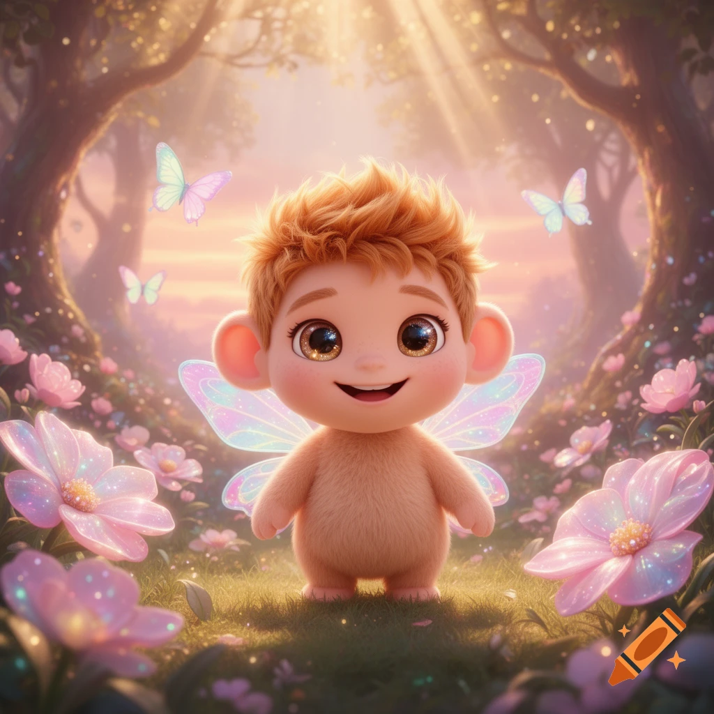 A cute, fluffy fairy-like creature with reddish-blond hair and sparkling eyes, smiling in a magical forest with pink flowers.