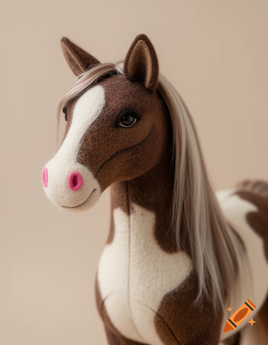 Close-up of a brown and white felt hobby horse with a pink nose and a white, flowing mane.