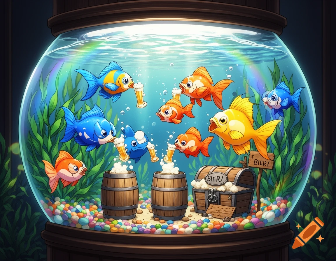 Colorful cartoon fish drink beer from tiny steins in an aquarium with barrels and a treasure chest labeled 'BIER!'.