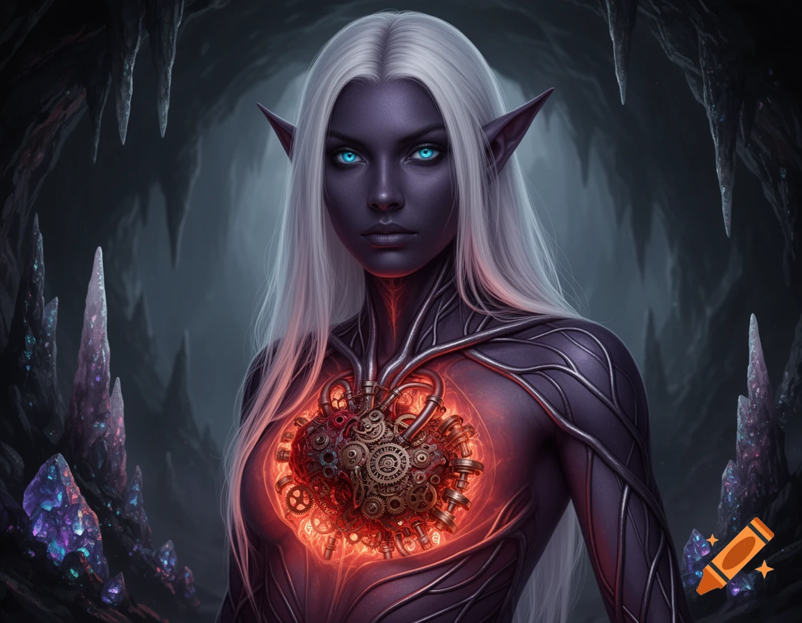 A dark-skinned drow woman with white hair and glowing blue eyes stands in a cave, her chest revealing a glowing, intricate mechanical heart.