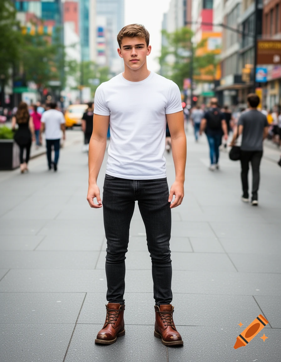 A young man in a white t-shirt, dark jeans, and brown boots stands on a city street, looking at the camera.
