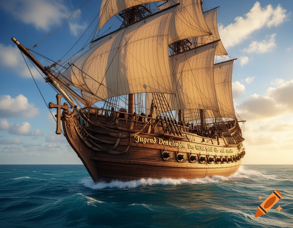 A large wooden sailing ship with white sails cuts through blue ocean waves under a partly cloudy sky at sunset, with text on its hull.