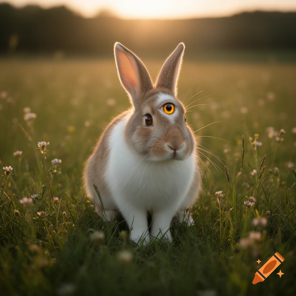A three-eyed brown and white rabbit sits in a grassy field at sunset, looking directly forward.