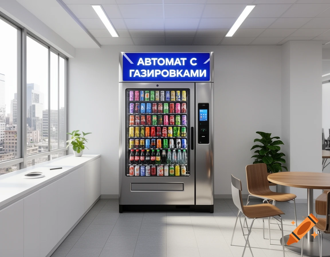 Photorealistic image of a chrome soda vending machine in a bright office with large windows, city view, table, and chairs.