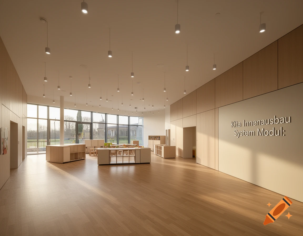 A modern, minimalist interior with light wood floors and walls, large windows, and simple furniture, lit by hanging ceiling lights. Text on the wall reads "Kita Innenausbau System Modul:"