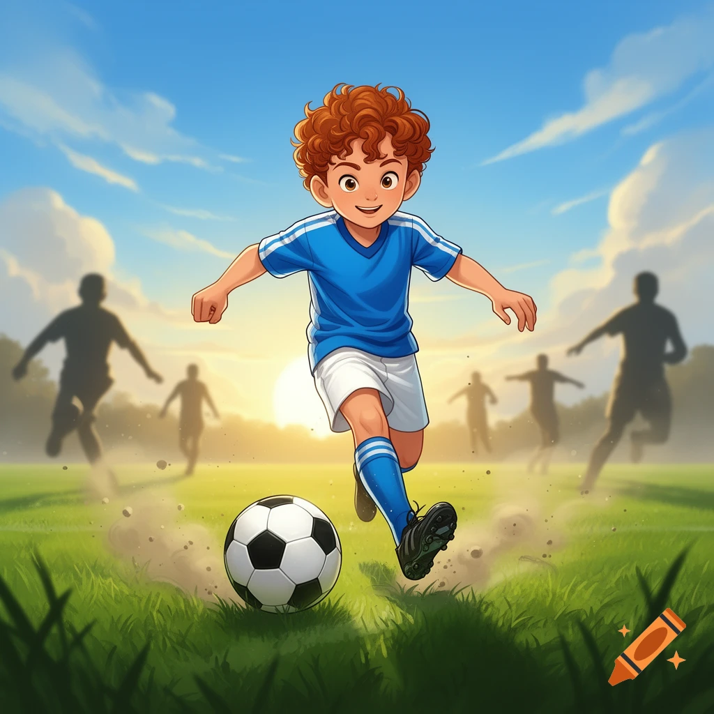 A smiling cartoon boy with curly hair plays soccer on a grassy field at sunset, kicking the ball with blurred players in the background.