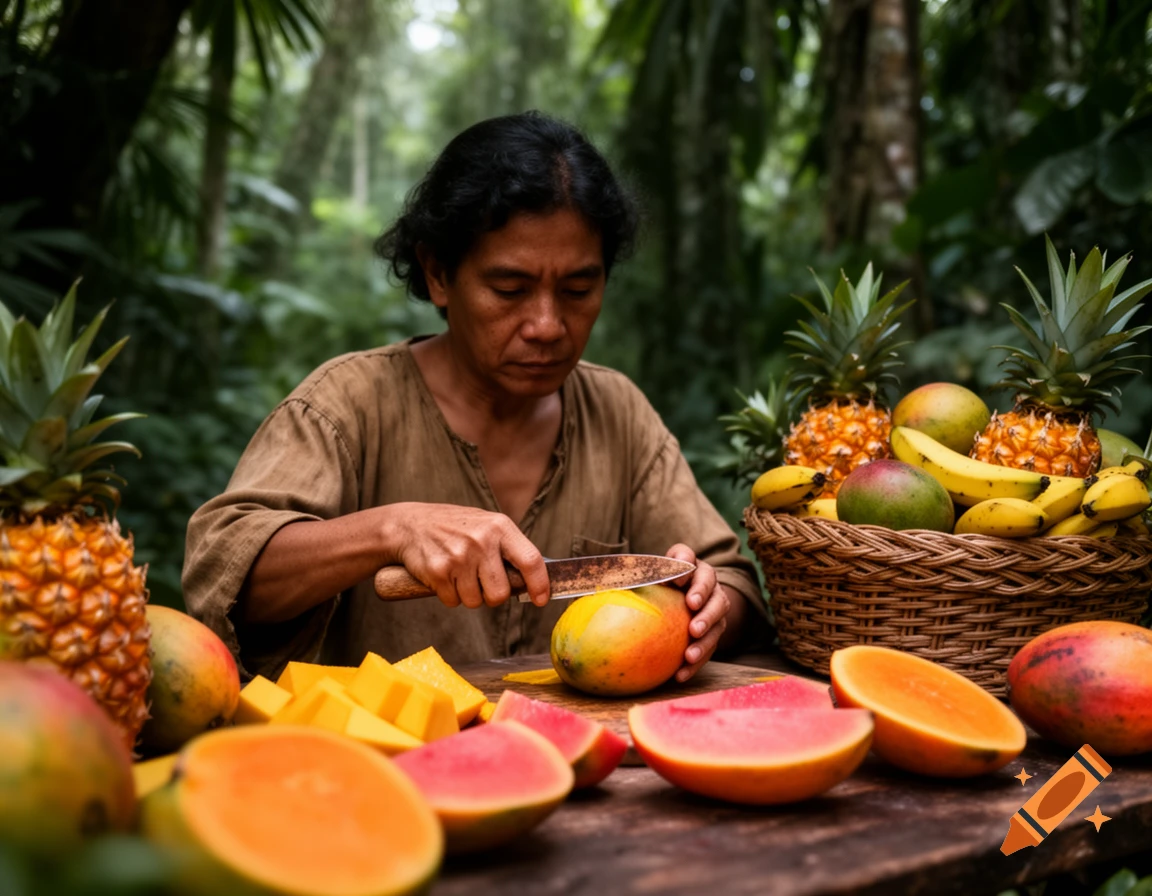 A person with dark hair in a jungle setting cuts a mango with a knife, surrounded by a variety of tropical fruits like pineapples, bananas, and sliced watermelon on a wooden surface.