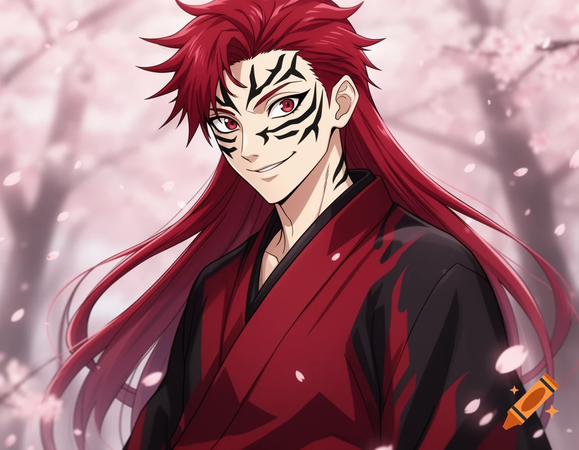 Anime-style character with long red hair and black tribal face markings, wearing a red and black kimono, smiling against a cherry blossom background.