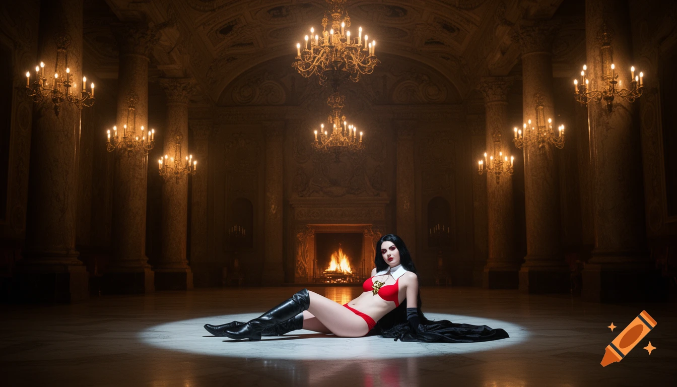 Vampirella in a red bikini and black boots lies on a ballroom floor, spotlighted before a fireplace and ornate chandeliers.