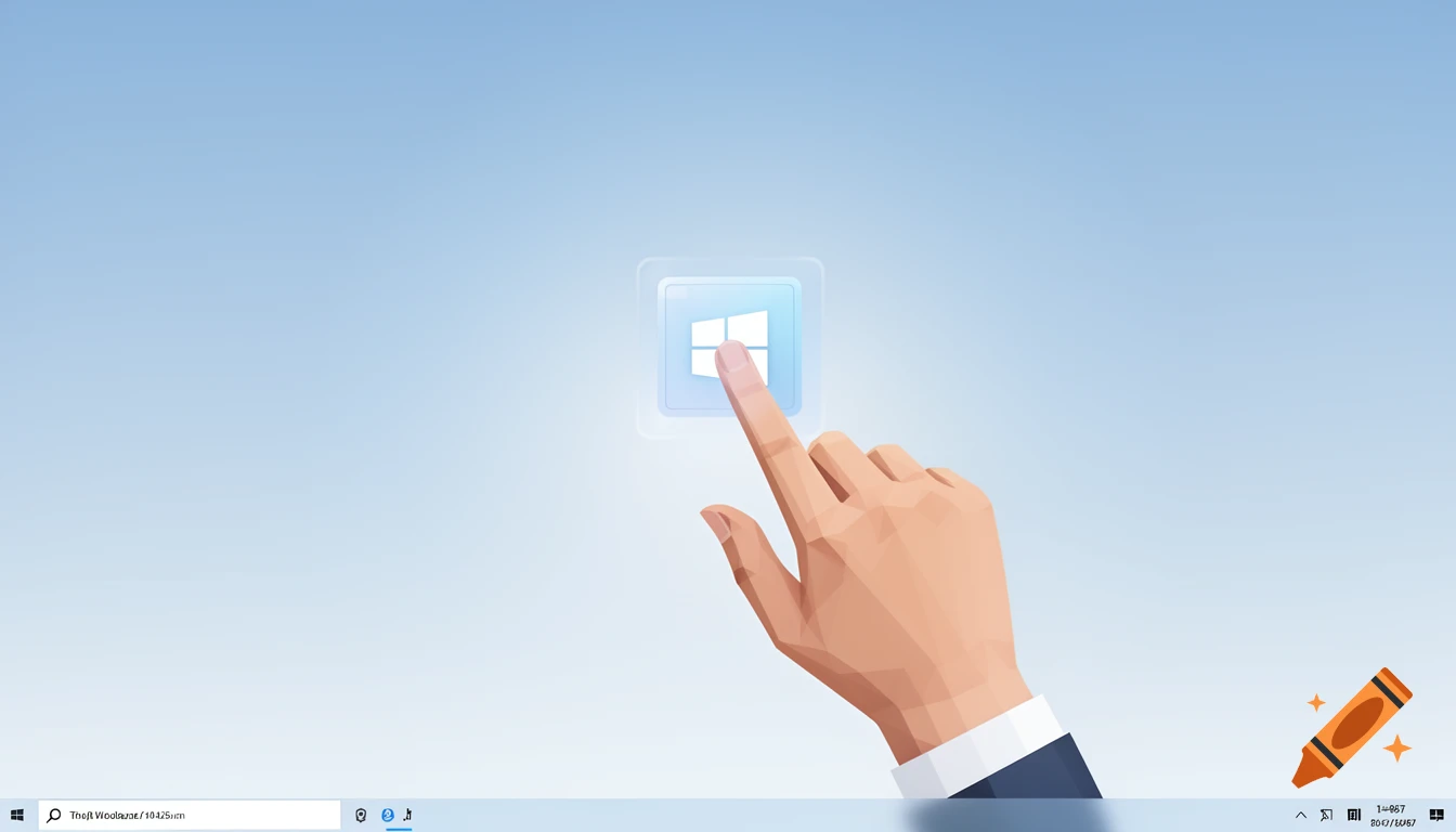 Stylized image of a hand pointing at a glowing Windows icon on a light blue desktop background with a taskbar.
