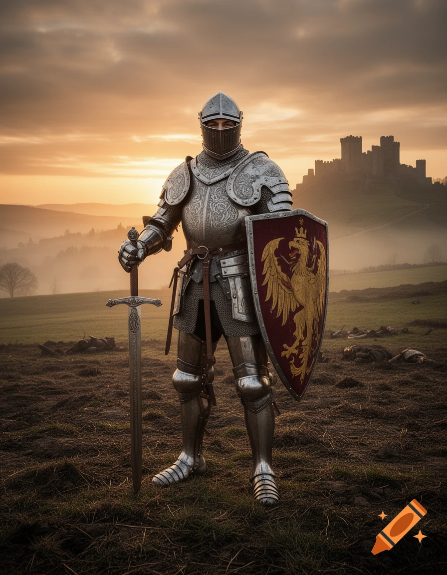 A knight in ornate full plate armor holds a sword and shield in a misty field at sunset, with a castle in the distance.