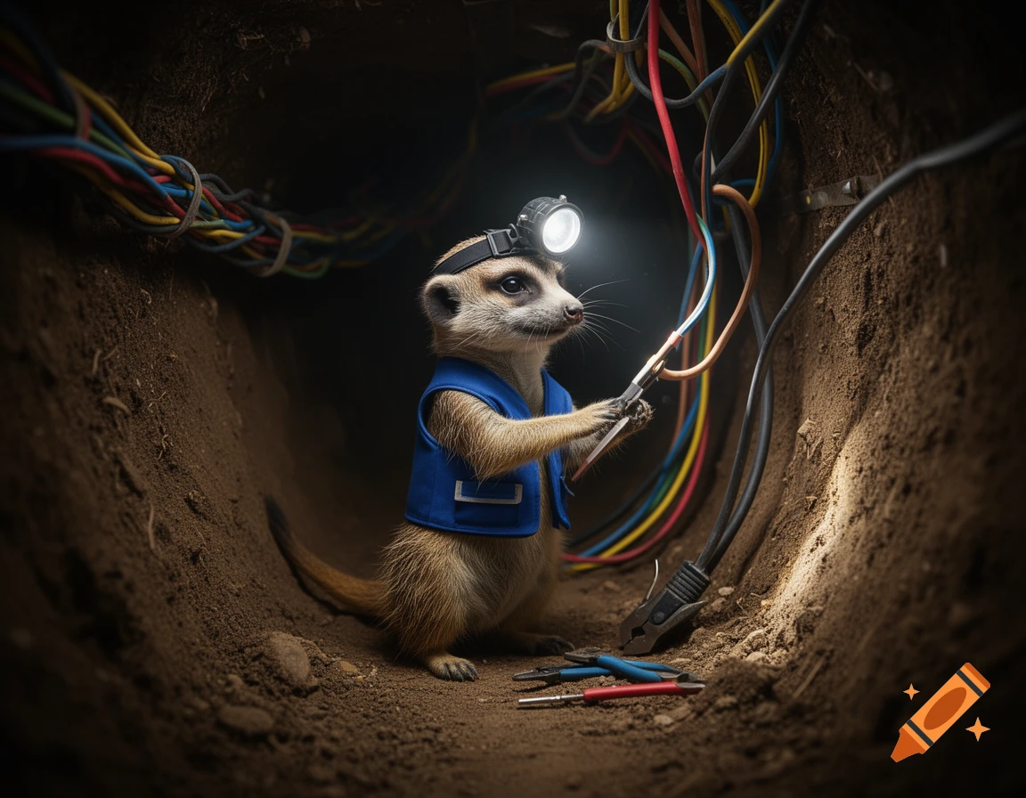 A photorealistic meerkat electrician in a dark tunnel, wearing a headlamp and blue vest, working with colorful cables.