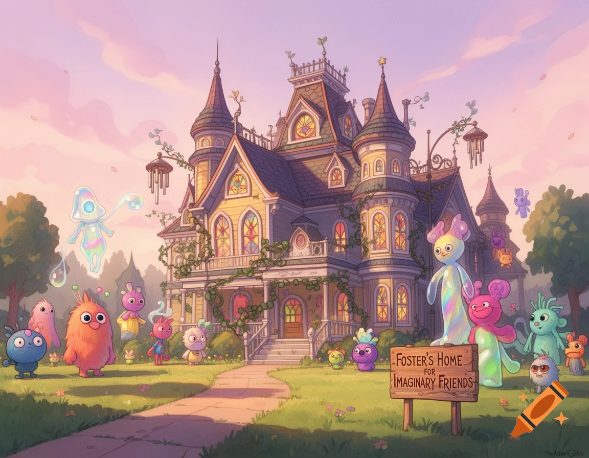 Cartoon scene of Foster's Home for Imaginary Friends, a large Victorian house surrounded by many colorful, whimsical creatures on a grassy lawn.