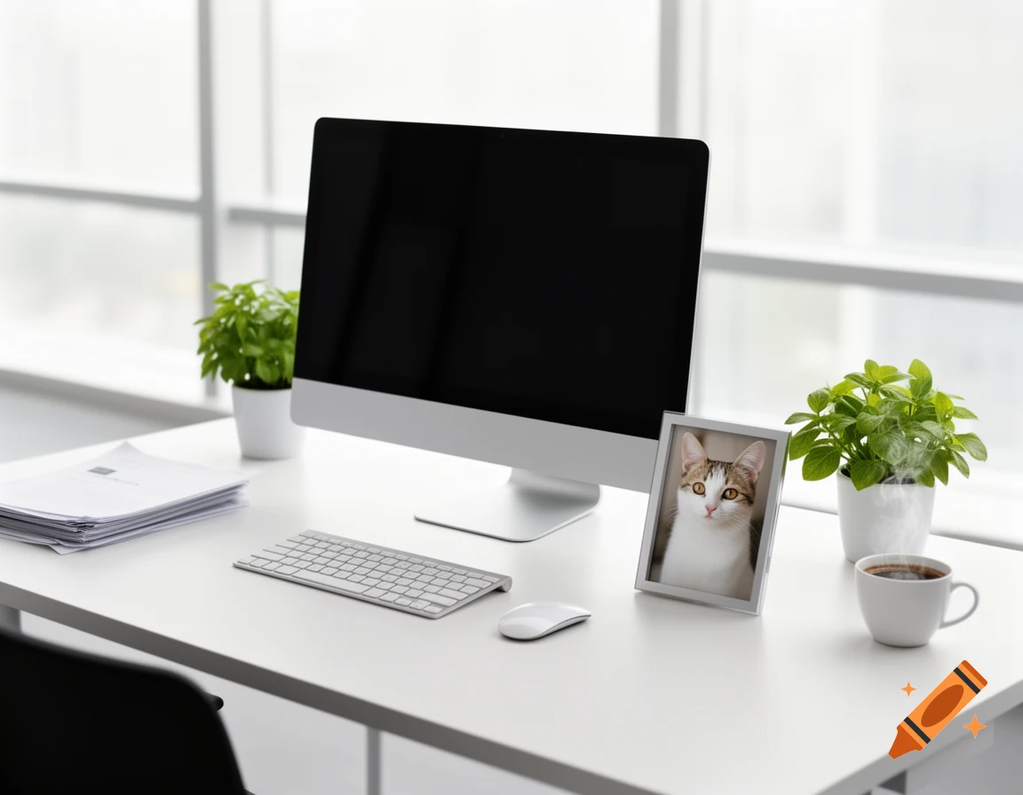 A modern, bright office desk with a computer, keyboard, mouse, documents, two potted plants, a coffee cup, and a framed photo of a cat.