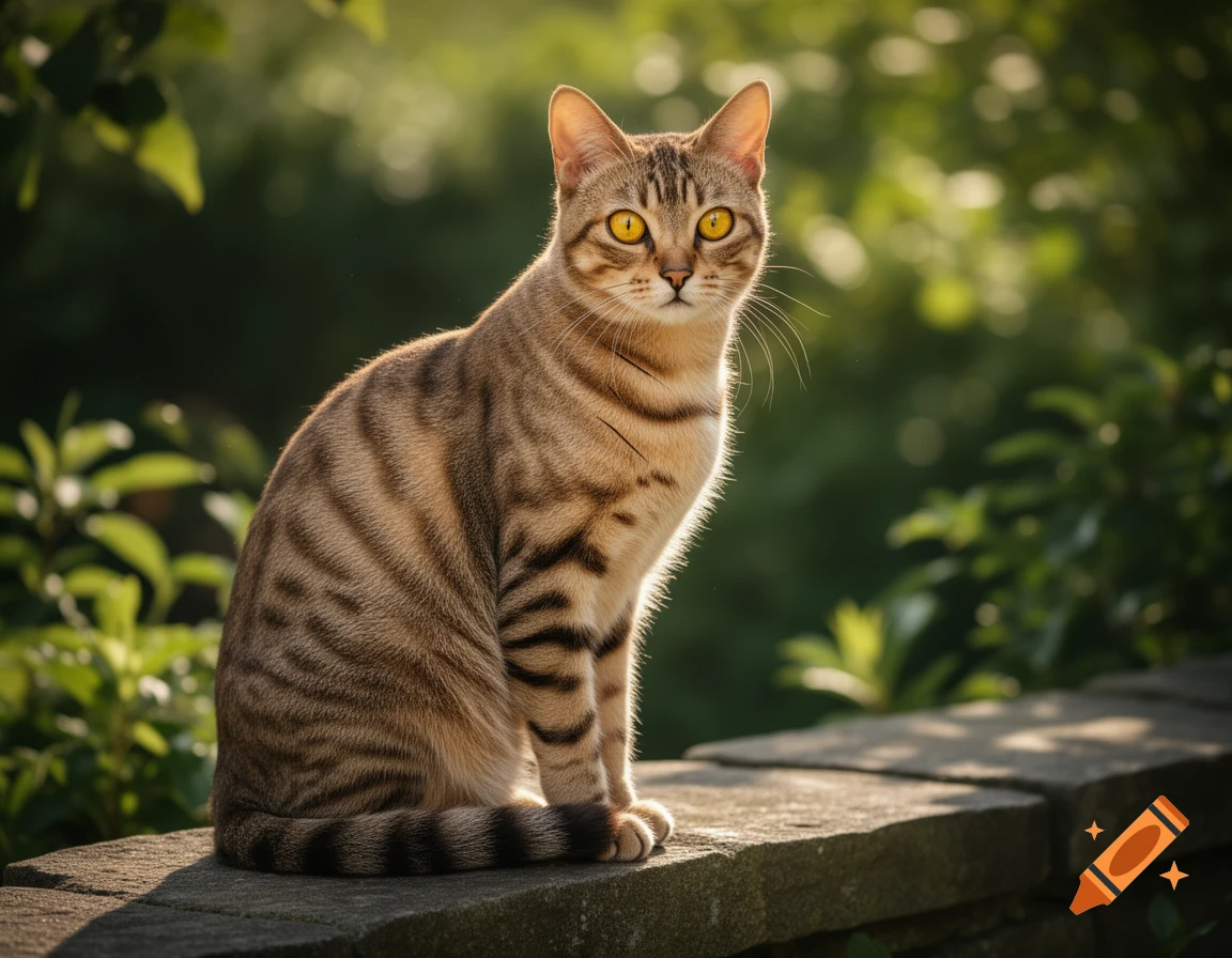 A brown tabby cat with bright yellow eyes sits on a stone wall, backlit by golden sunlight and green foliage.