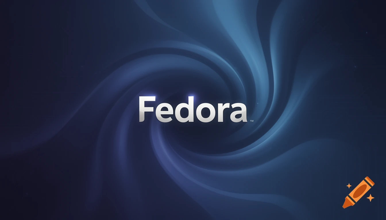 The word 'Fedora' in white and silver, centered on a swirling blue and dark blue abstract background.