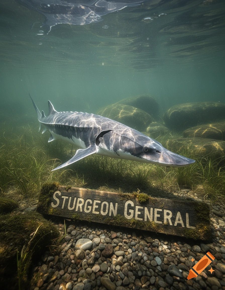 A sturgeon fish swims over a submerged wooden sign that reads 'STURGEON GENERAL' in a clear, shallow river.