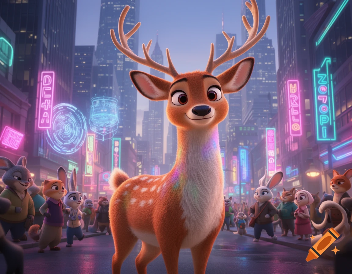 A cartoon deer with antlers stands smiling in a neon-lit futuristic city street with other animated animals in the background.