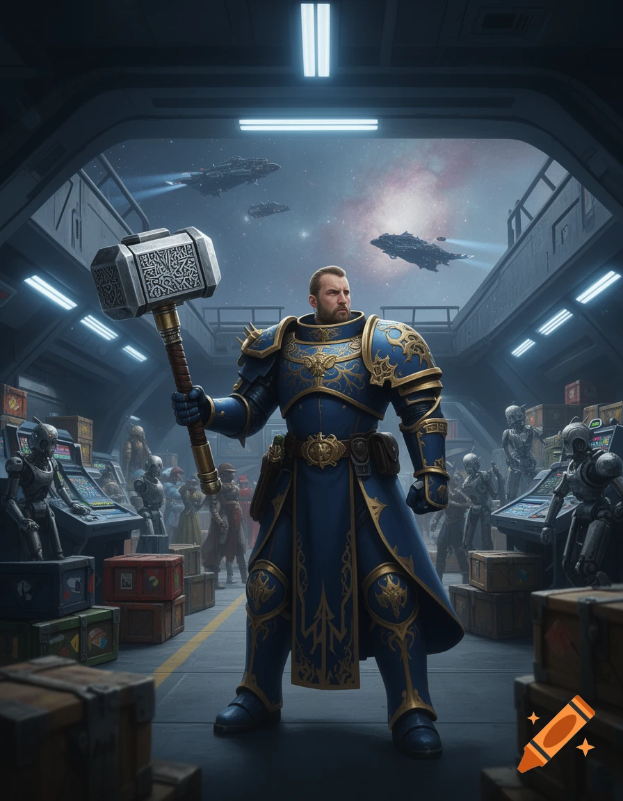 A heavily armored man with a large hammer stands in a futuristic spaceship hangar, with spaceships visible in space outside.