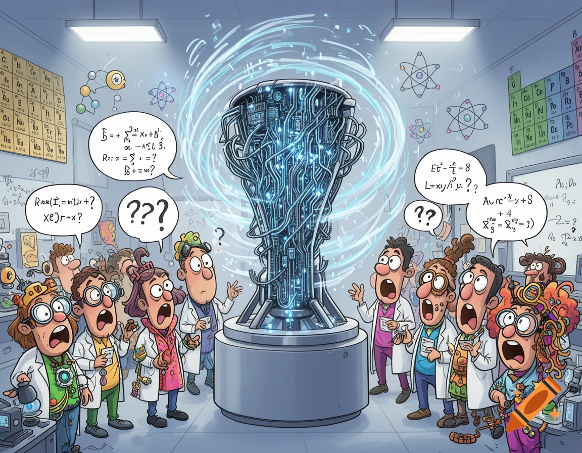 A funny cartoon of scientists looking puzzled at a glowing quantum computer surrounded by complex wiring in a lab.