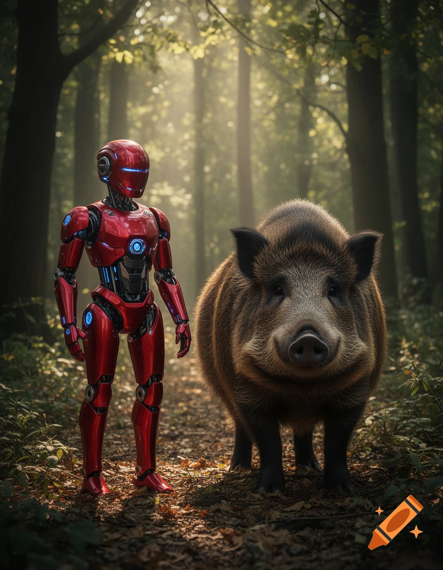 A photorealistic image of a red humanoid robot standing next to a wild boar on a sunlit forest path.