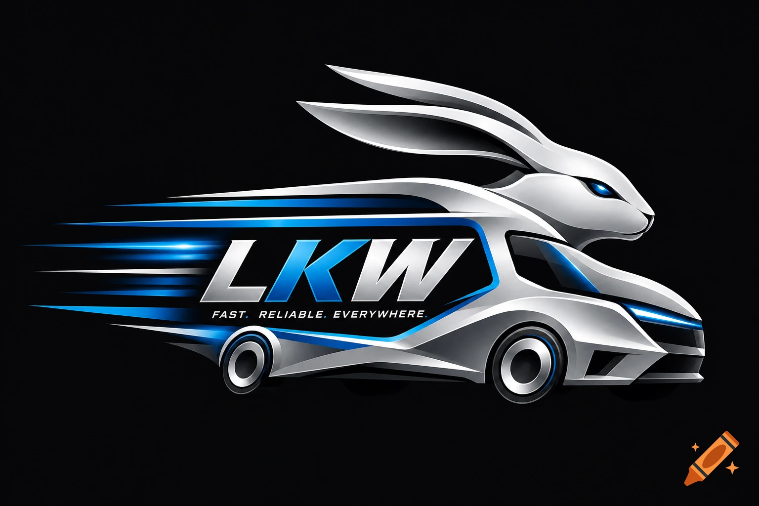 Futuristic logo of a sleek white rabbit's head merged with a delivery van, with 'LKW FAST. RELIABLE. EVERYWHERE.' text, on a black background.