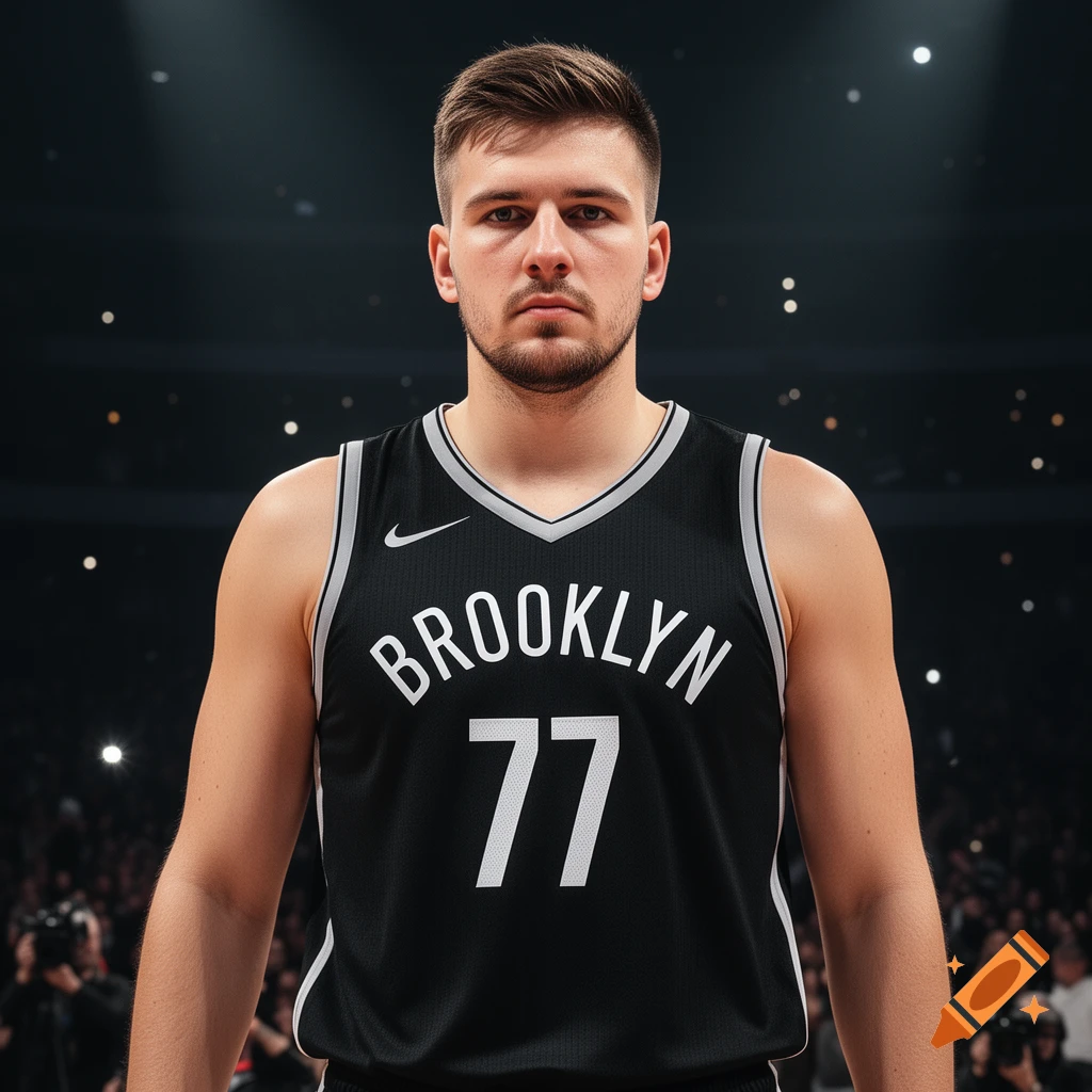 A realistic portrait of basketball player Luka Dončić in a black Brooklyn Nets jersey with the number 77.