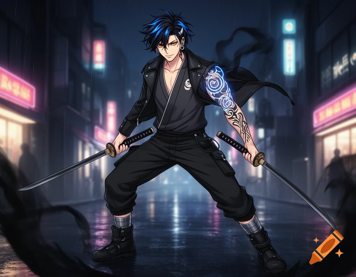 Anime male with blue-streaked hair, tattoos, and black clothing, holding two katanas in a neon-lit rainy city street.