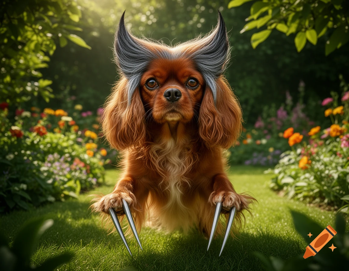 Photorealistic image of a Cavalier King Charles Spaniel dog wearing Wolverine's iconic hair and claws, standing in a sunny garden.