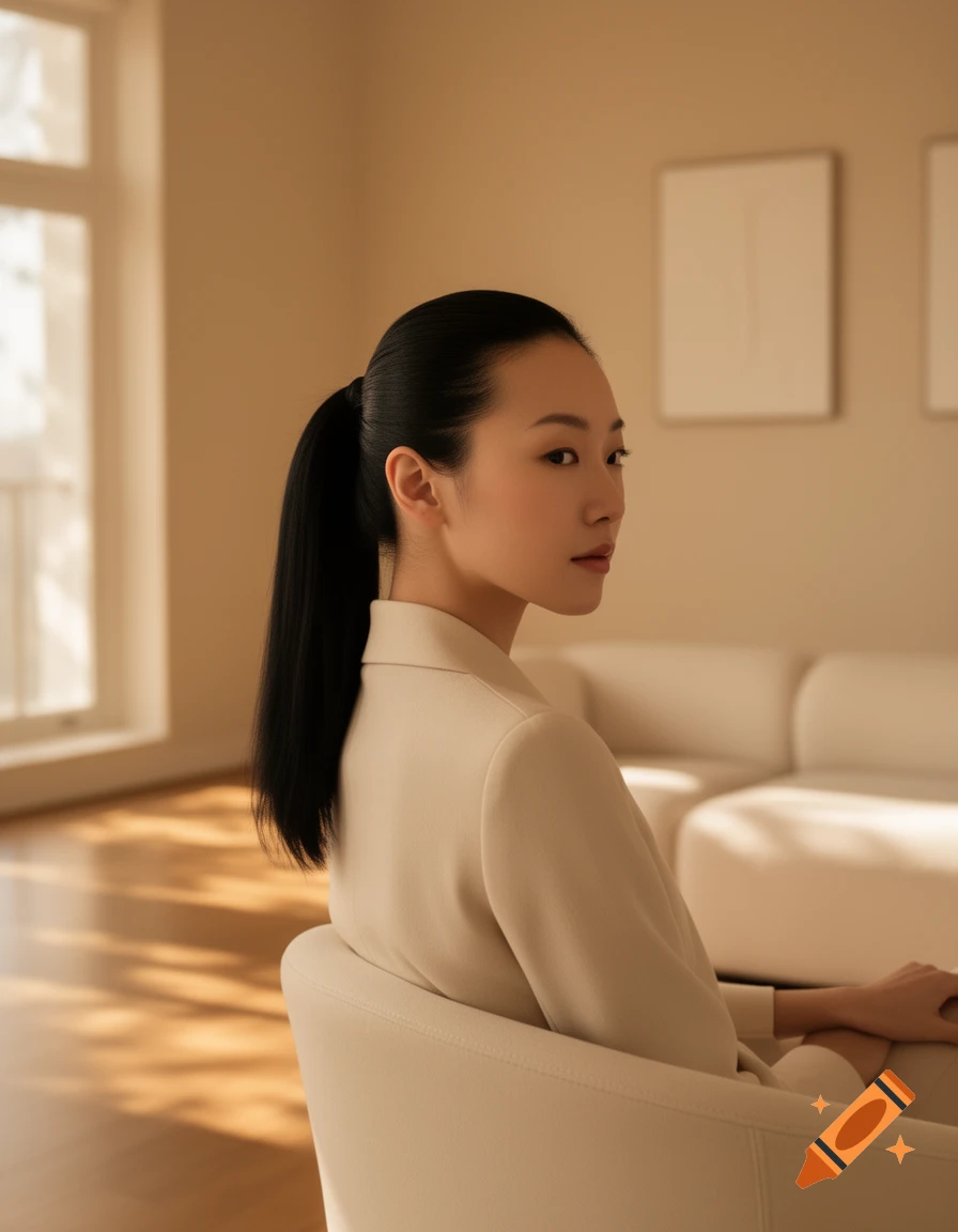 An elegant Asian woman with a sleek ponytail in a beige blazer sits, looking over her shoulder in a brightly lit room.