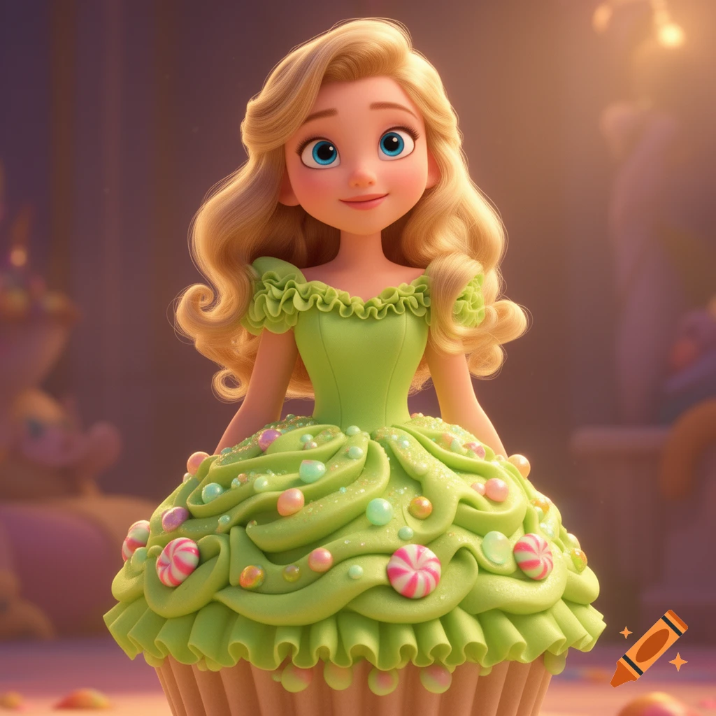 A Pixar-style blonde woman with blue eyes in a key lime green cupcake dress, resembling a Disney princess.