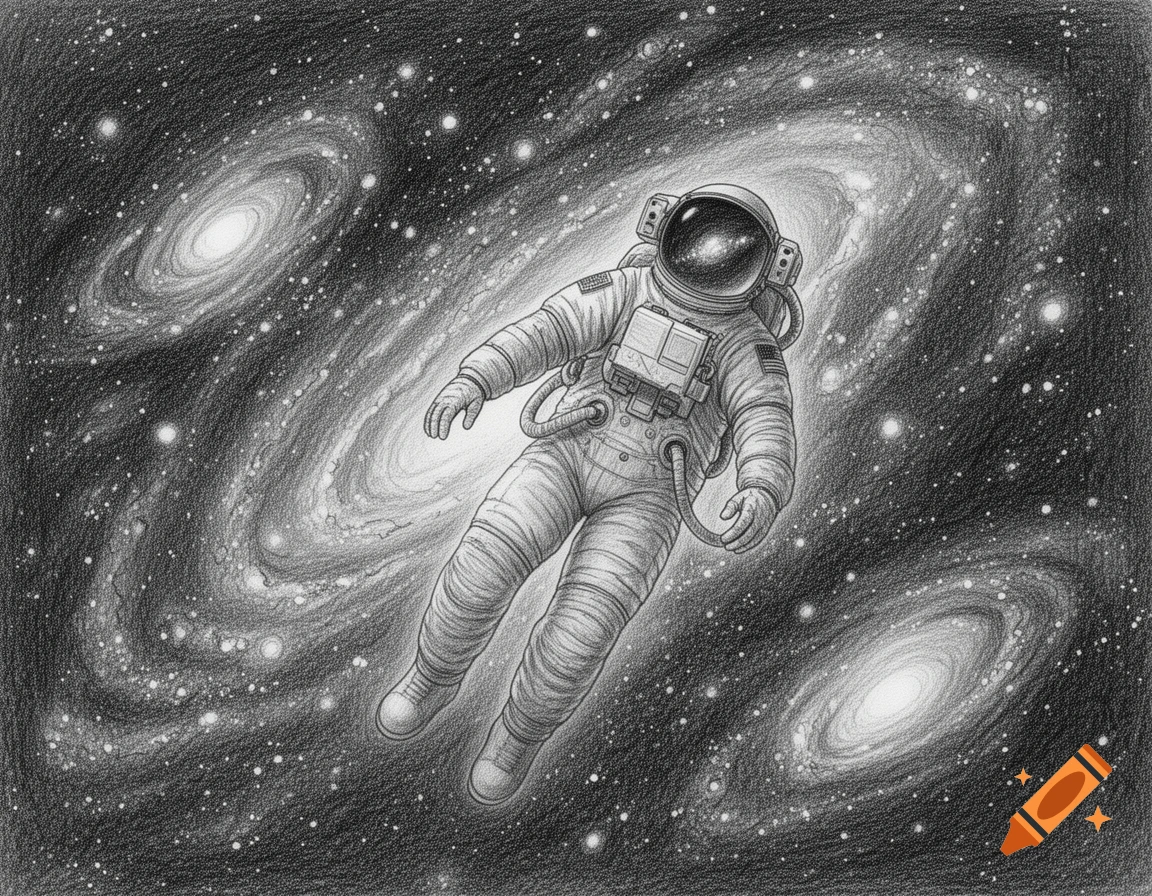 Detailed pencil sketch of an astronaut floating amidst swirling galaxies and stars in deep space.