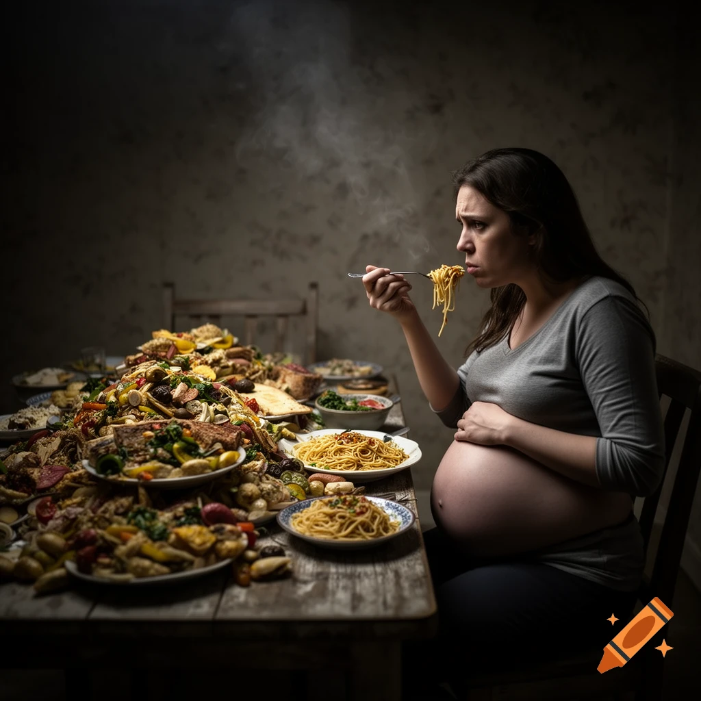 A distressed, heavily pregnant woman eating spaghetti from a fork at a rustic table piled high with excessive food in a dimly lit room. Photorealistic.