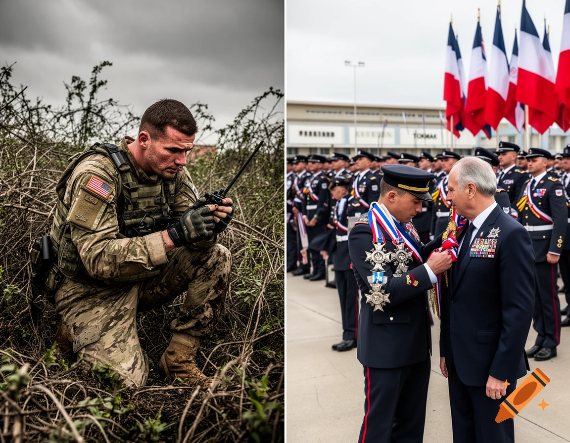 A diptych: a soldier in camouflage kneels in brush with a radio, and military officers conduct a medal ceremony with French flags.