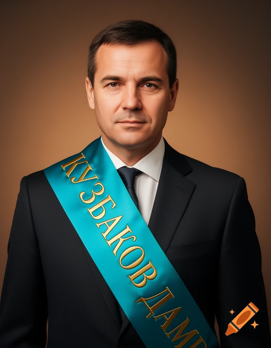 Photorealistic studio portrait of a man in a black suit, wearing a blue sash with 'КУЗБАКОВ ДАМИР' in gold text.