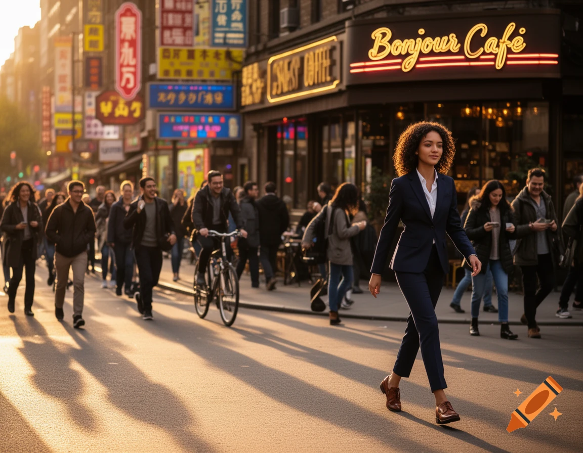 A woman in a navy suit walks on a busy city street with shops and other people at sunset, photorealistic.