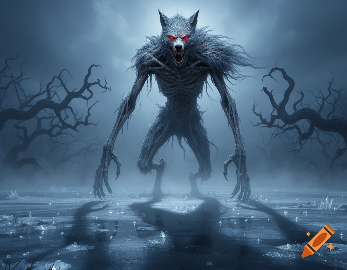 An emaciated werewolf-like monster with glowing red eyes stands menacingly in a foggy, icy swamp with bare trees in a horror art style.