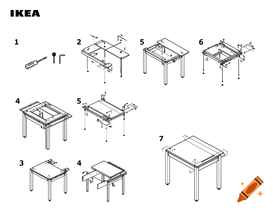 IKEA assembly instructions diagram showing step-by-step illustrations for building a desk, including tools and numbered steps.