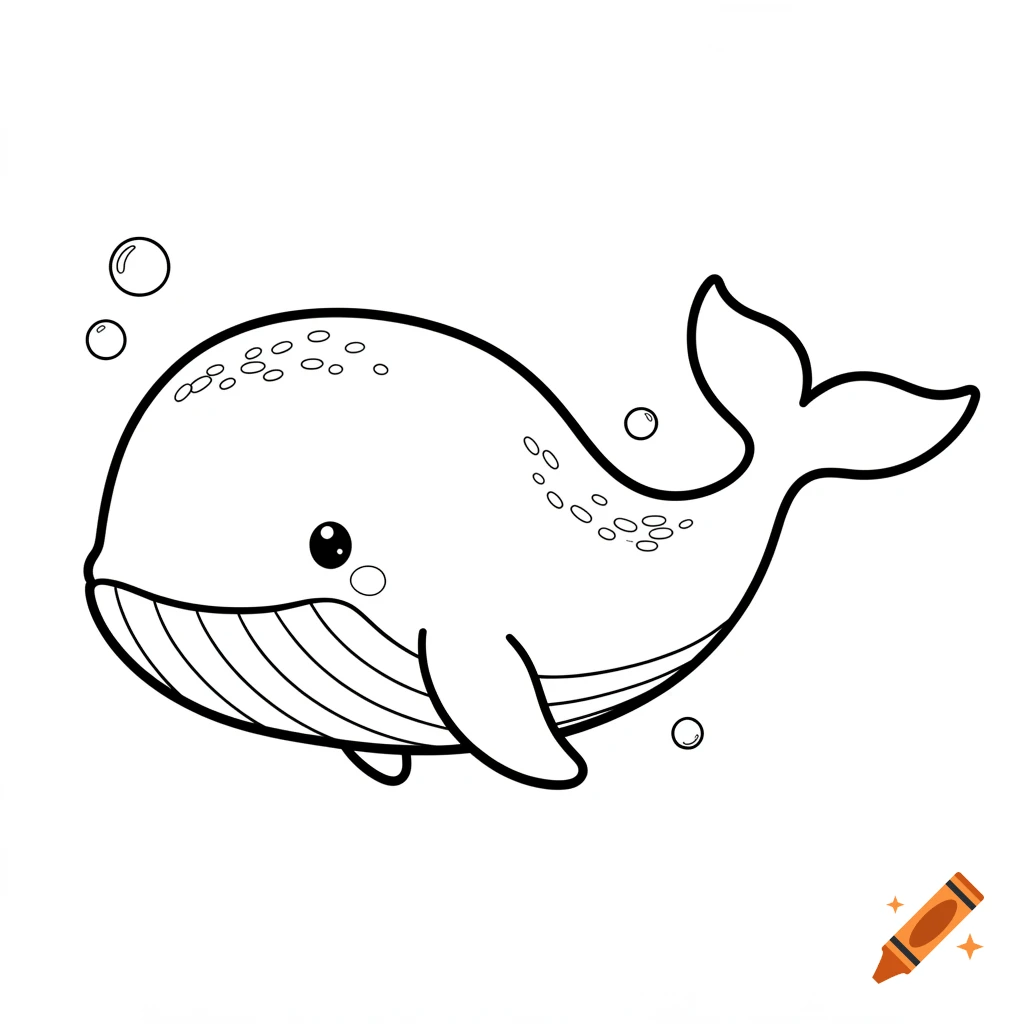 Cute baby whale coloring page with thick black outlines, showing the whale blowing bubbles.