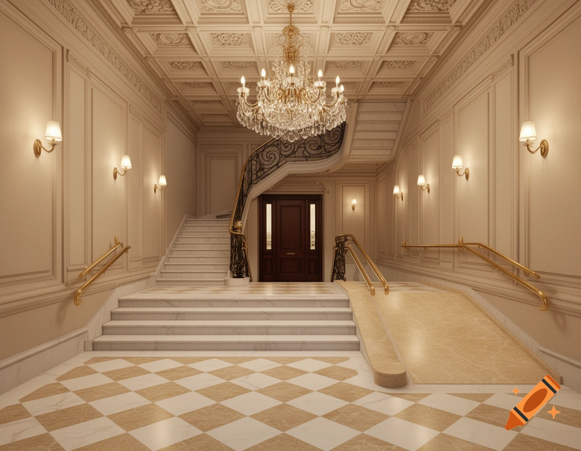 Photorealistic grand classical lobby with a checkered marble floor, ornate ceiling, crystal chandelier, and curved staircase with an accessibility ramp.