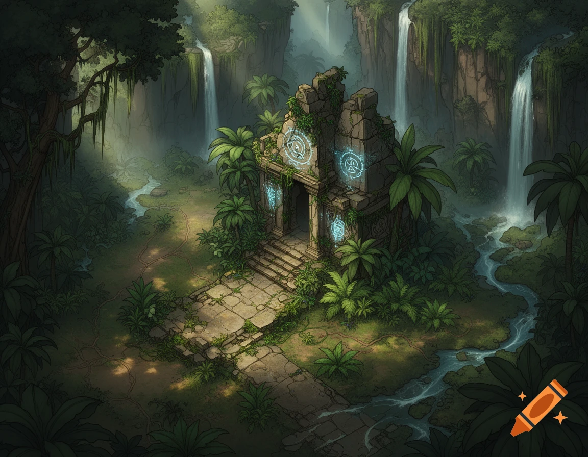 An isometric illustration of an ancient stone temple in a dense jungle, surrounded by waterfalls and a winding stream.