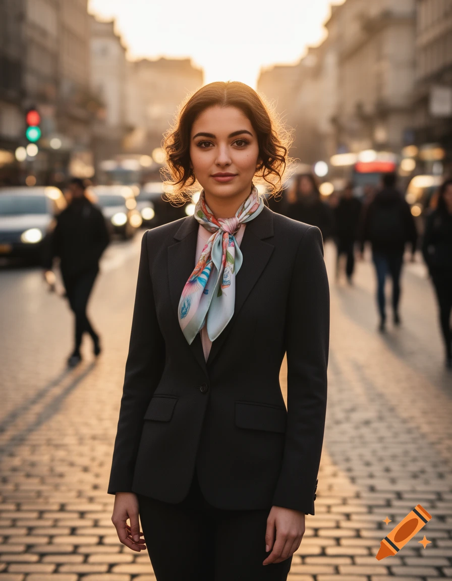 A photorealistic portrait of a young woman in a black suit and a patterned light blue scarf, standing on a city street at sunset.