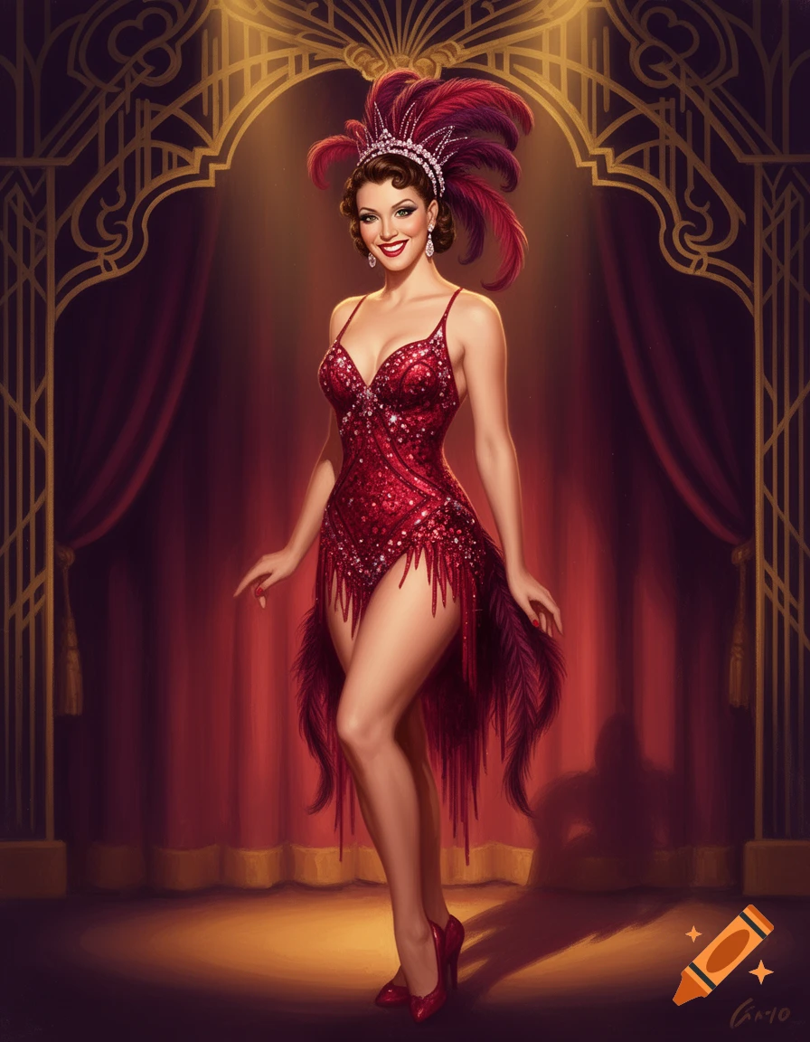 A smiling showgirl in a red sequined feathered dress and headdress stands under a spotlight on a stage with red curtains and a golden Art Deco archway.