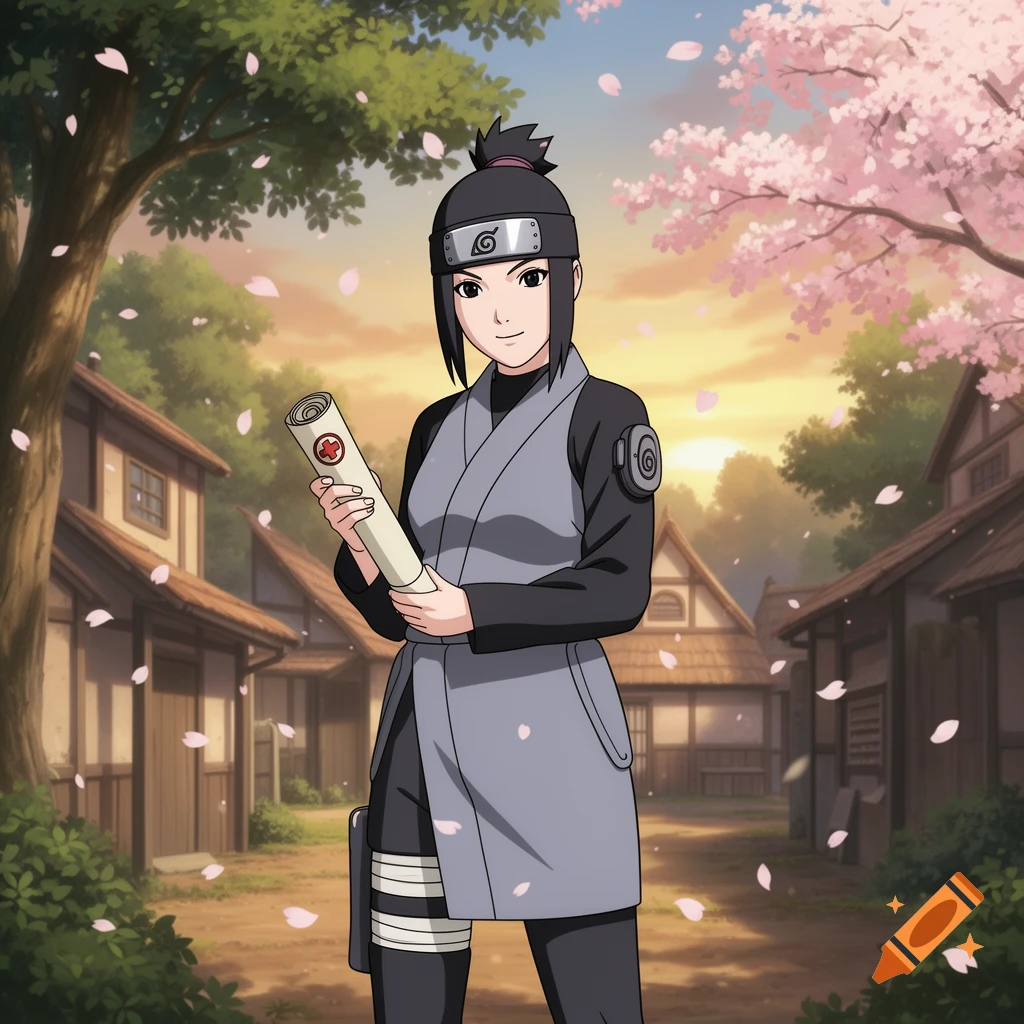 Anime-style Shizune from Naruto holds a scroll in a village street with falling cherry blossoms at sunset.