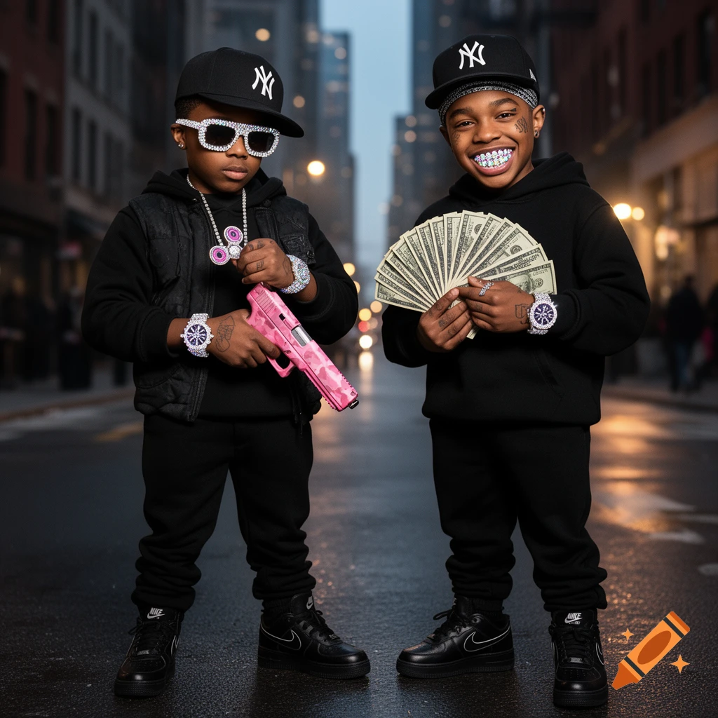 Two young boys in black street apparel, one with iced-out sunglasses and a pink camouflage gun, the other with a grill and fanned money.