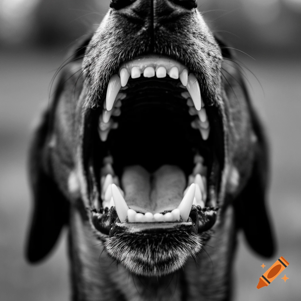 Close-up black and white photo of a dog's open mouth revealing sharp fangs.