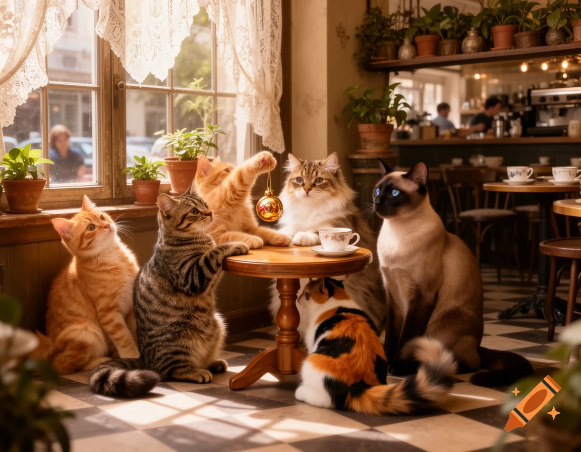Photorealistic image of multiple cats sitting around a small table in a cozy cafe by a sunlit window.